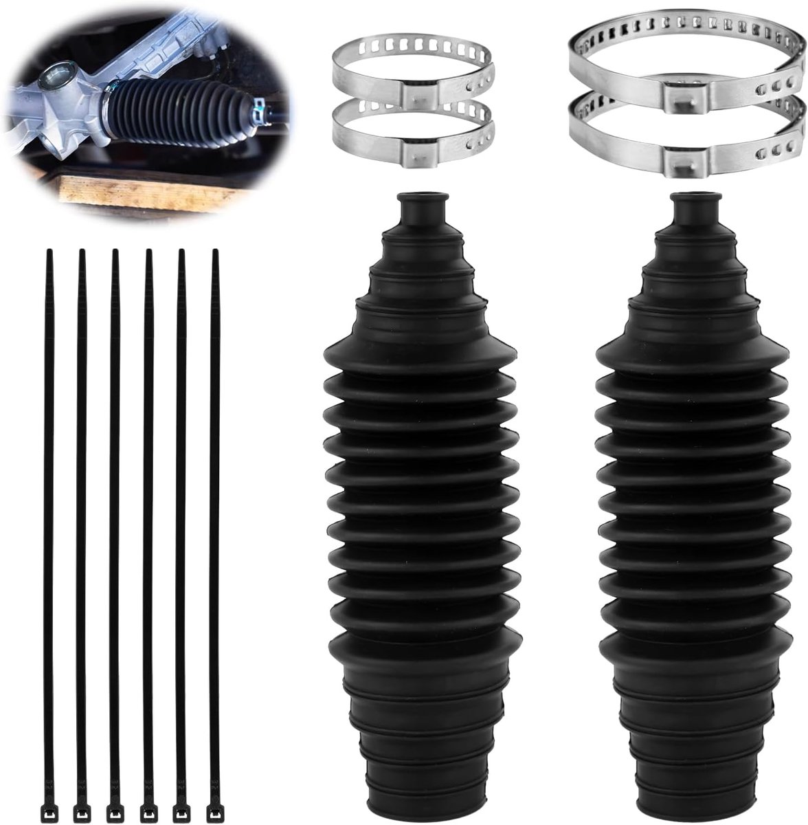 Image of 2pcs Car Rack and Round Cover, Steering Rack Cover Set Silicone Inner Steering Rod Bellows Set with 4 Locking Clips and 6 Cable Ties Professional Auto Accessories