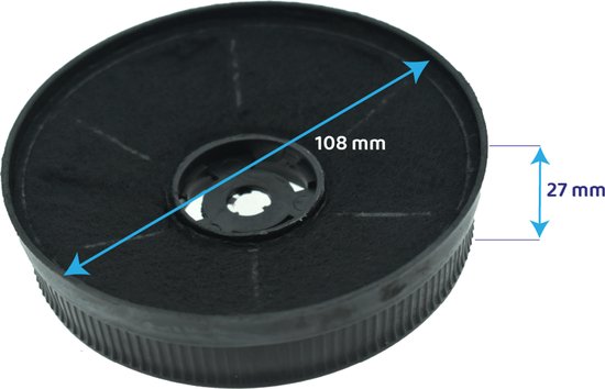 Een zwart koolstoffilter met afmetingen 108 mm breed en 27 mm hoog. De tekst '108 mm' en '27 mm' staat ernaast.