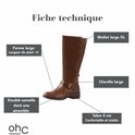 Technische fiche met details over de brede schacht, brede enkel, dubbele zool en hakhoogte van 4 cm.