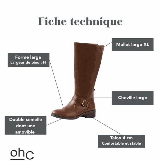 Technische fiche met details over de brede schacht, brede enkel, dubbele zool en hakhoogte van 4 cm.