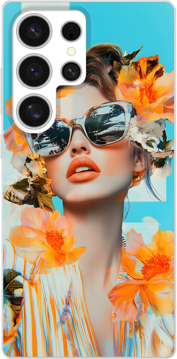 Telefoonhoesje Geschikt voor Samsung Galaxy S25 Ultra hoesje - Bloemen - Vrouw - Zonnebril - Blauw - Siliconen Telefoonhoesje Telefoonhoesje