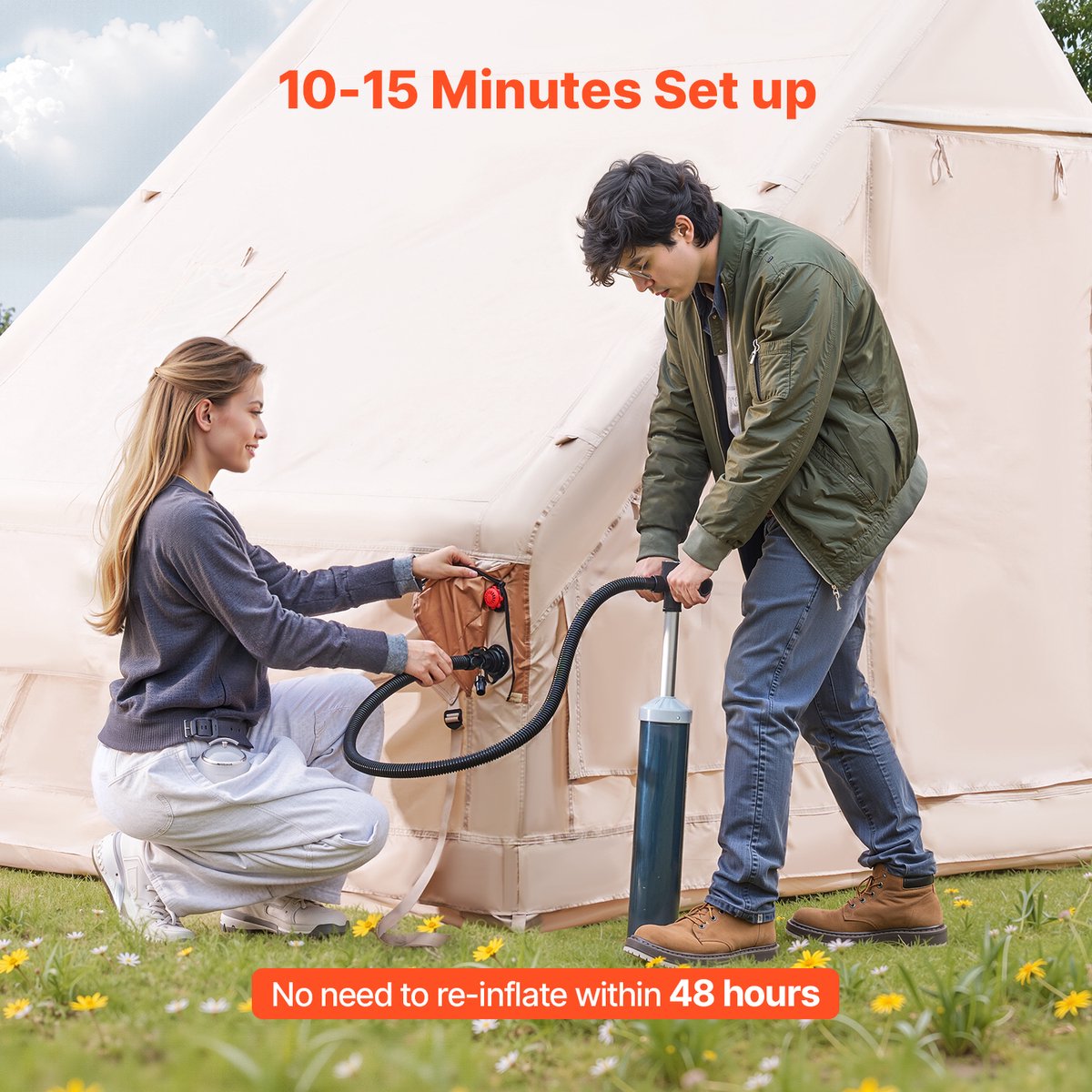 Opblaasbare Kampeertent 3x2x2 M, Geschikt voor 3-5 Personen, 300d Oxford Stof voor Alle Seizoenen, Glamping Tent met Luifel, Handpomp, Ovenopening, 2 Deuren & 2 Gaasramen – foto 6