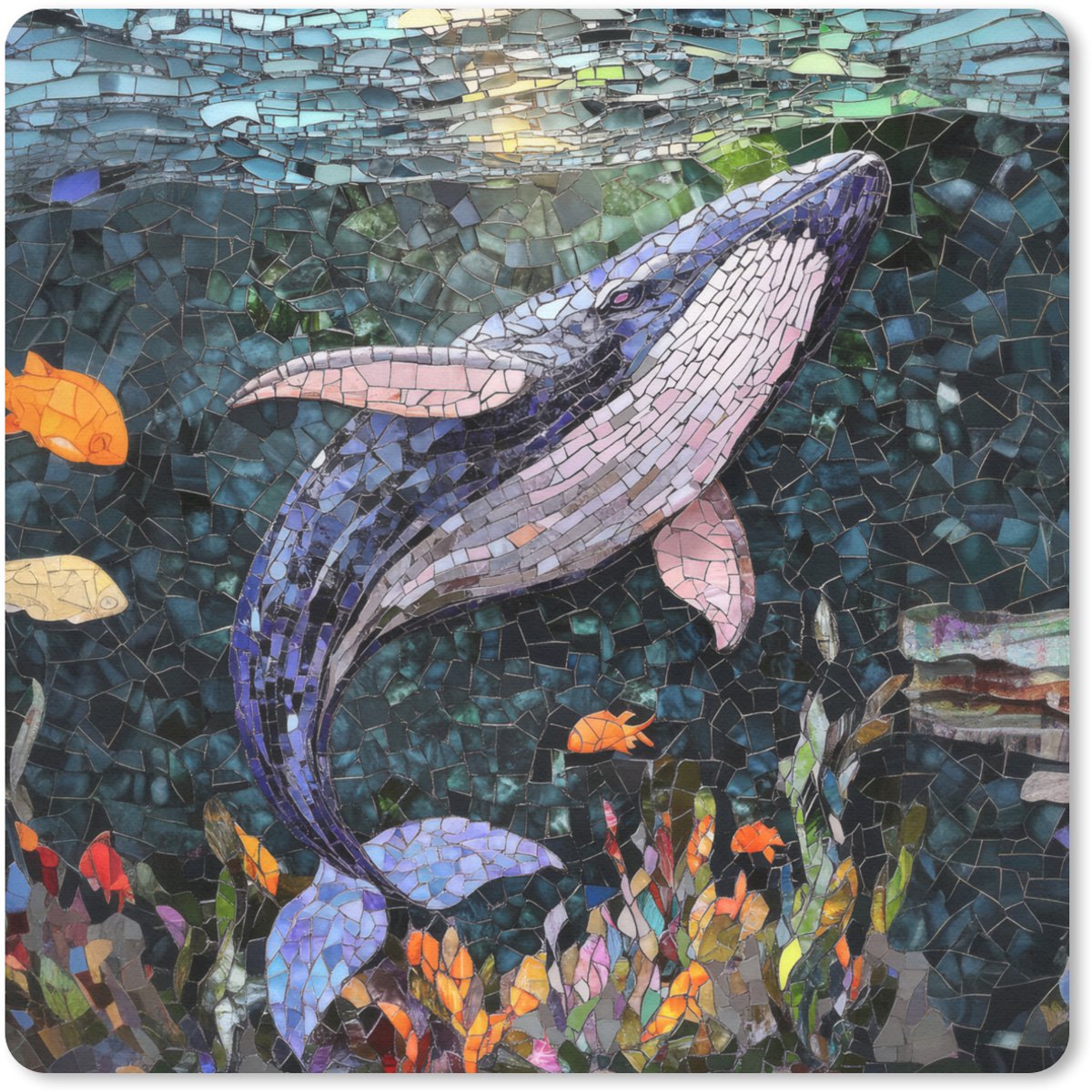 Muismat 20x20 cm - Mousepad Mozaïek - Walvis - Koraal - Water - Muismatten