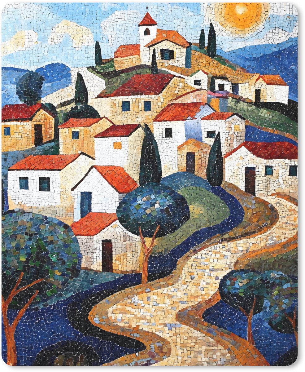 Muismat 19x23 cm - Mousepad Dorp - Heuvelachtig - Zon - Mozaïek - Muismatten