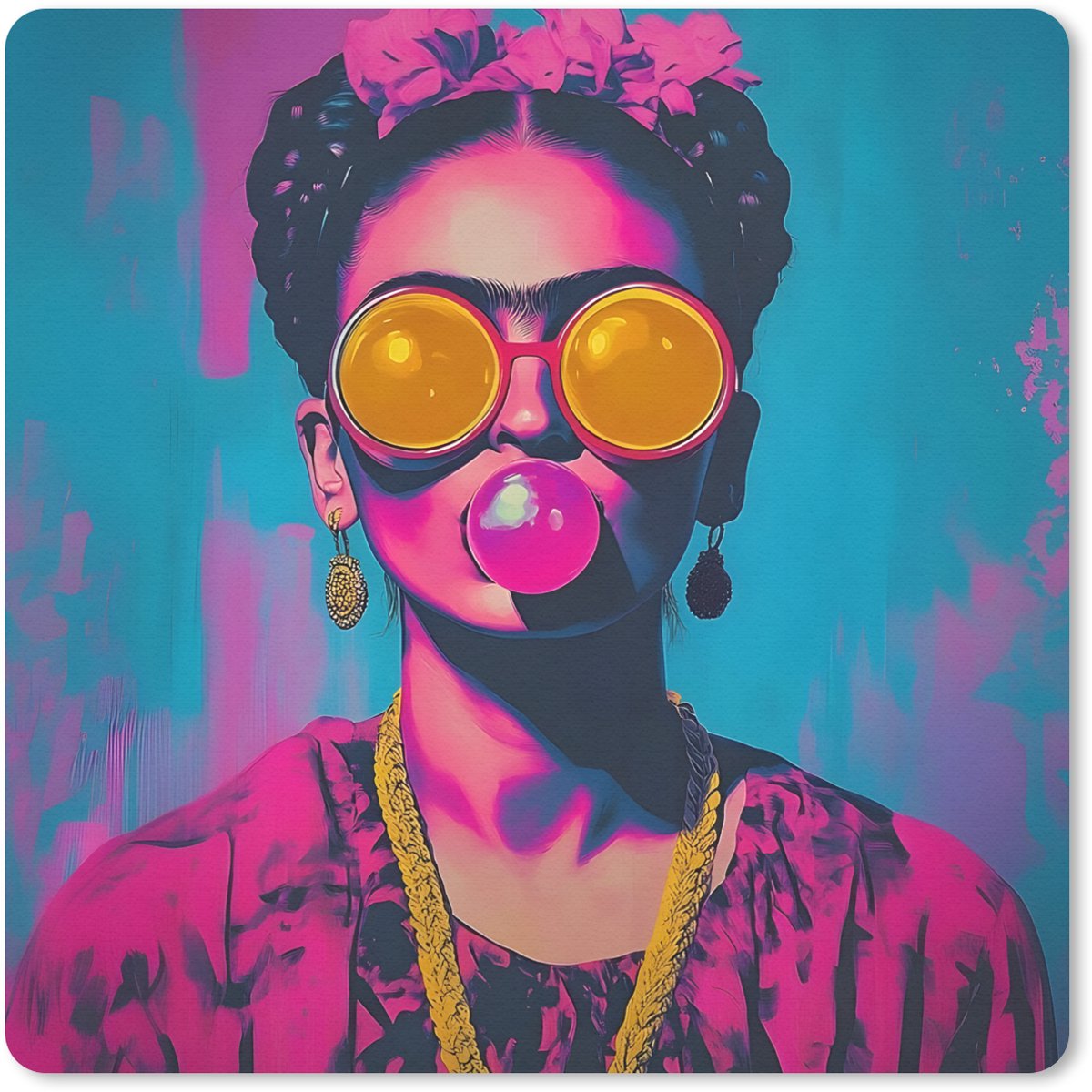 Muismat 30x30 cm - Mousepad Vrouw - Kauwgom - Zonnebril - Oranje - Muismatten