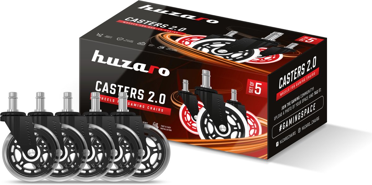 Huzaro Casters 2.0 Black – Set van 5 Rubber Wielen voor Bureaustoel – Streepvrij – Geluidsarm – Universele Montage