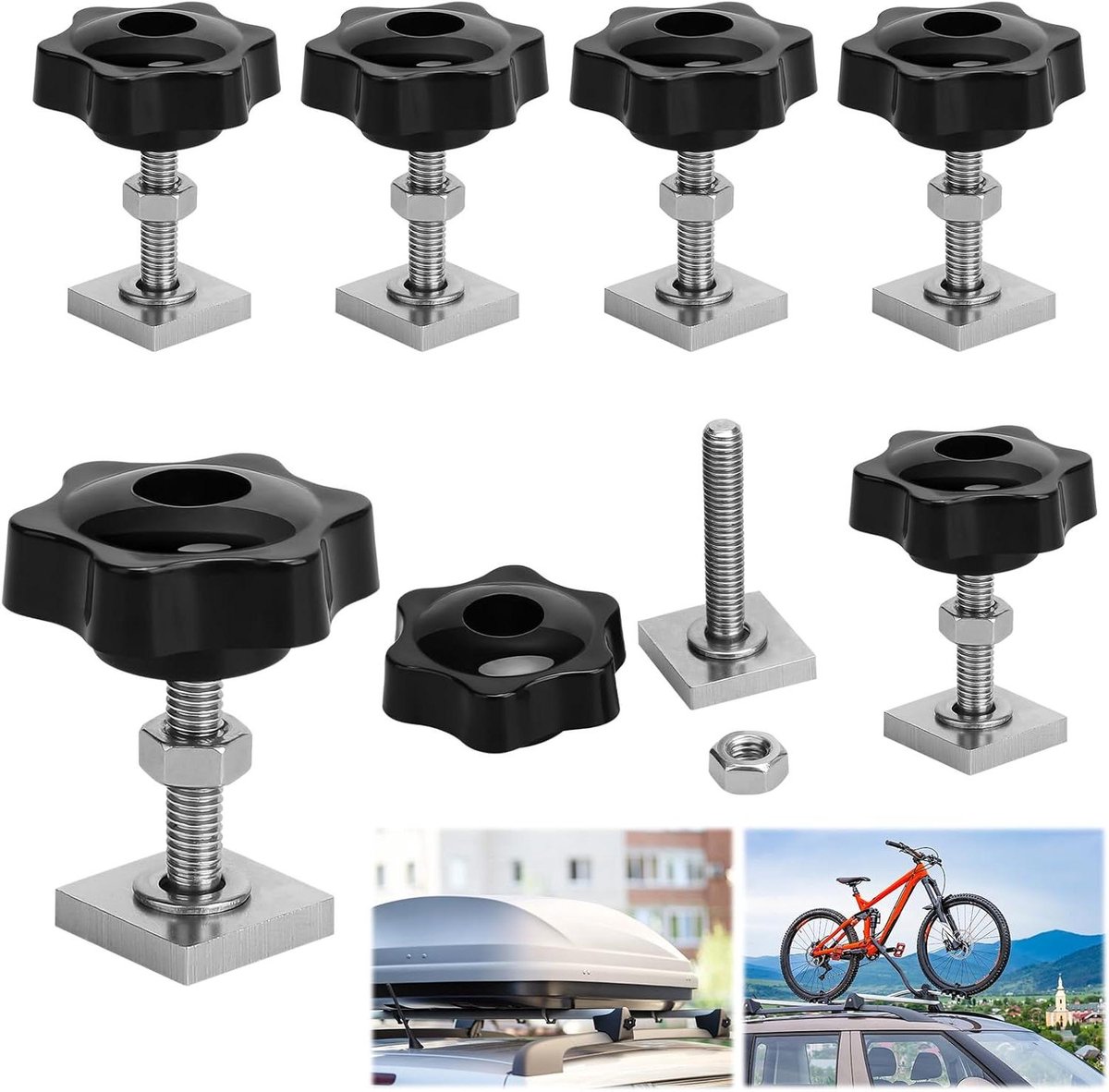 6 stuks dakdragers T-groefadapter sleufbouten 20 x 20 mm met stergreepmoer en sluitringen - inclusief groefblokken voor dakkoffer en dakfietsendrager