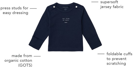 Donkerblauw longsleeve shirt met witte tekst 'YOU MAKE ME HAPPY'.