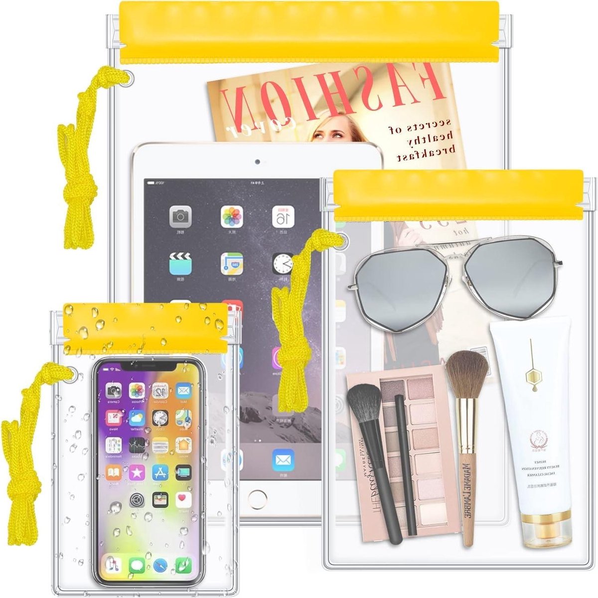 Clear Waterdichte Zakken Pouch Droge Zakken voor Camera Mobiele Telefoon Kaarten Kajak Document Houder - 3 Stuk Set Utility Bags Geel Small Medium Large Modern.