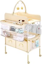 Opvouwbare Commode met 2 Stoffen Lades, Zijmand, Kledingstang, In Hoogte Verstelbare Constructie, Vergrendelbare Wielen En 2 Sterrenspeeltjes, Lichtbeige