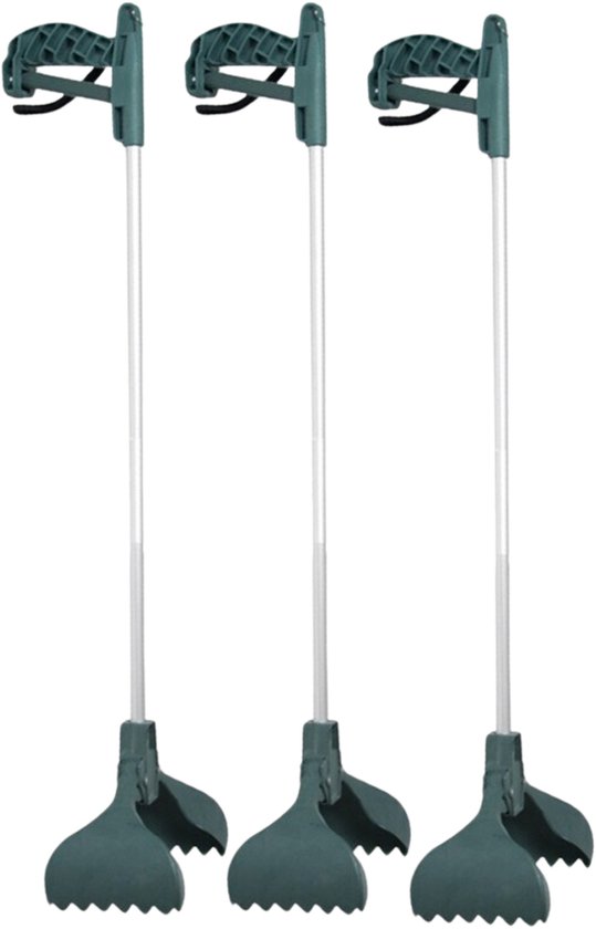 Drie groene afvalgrijpers van 74 cm, naast elkaar op een witte achtergrond.