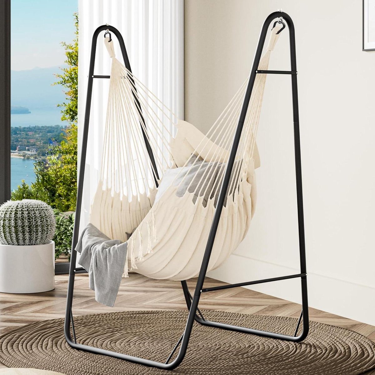 Hangmat met standaard belastbaar tot 150 kg - Stabiel stalen frame - Schommelstoel met zijvak voor terras, balkon en tuin