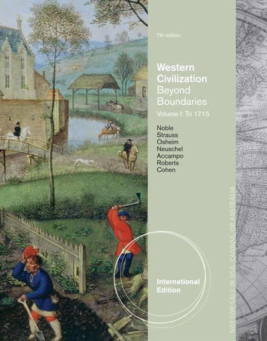 Boekomslag 'Western Civilization Beyond Boundaries', volume 1, met een schilderij van een kasteel en figuren uit de geschiedenis.