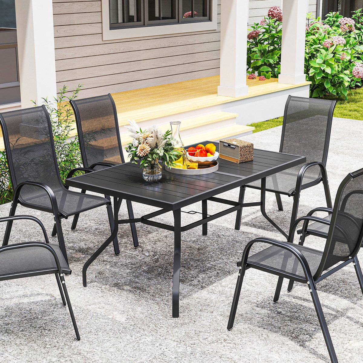 Outsunny tuintafel - met parasolgat - 152L x 90B x 74H cm - zwart – foto 5