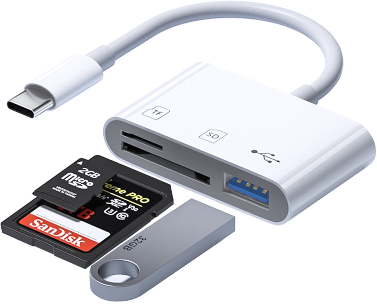 3-in-1 kaartlezer, USB-C naar SD/TF/USB