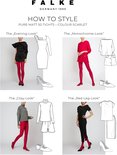 Illustratie van 'Pure Matt 50 Tights' in de kleur 'Scarlet', met vier outfits.