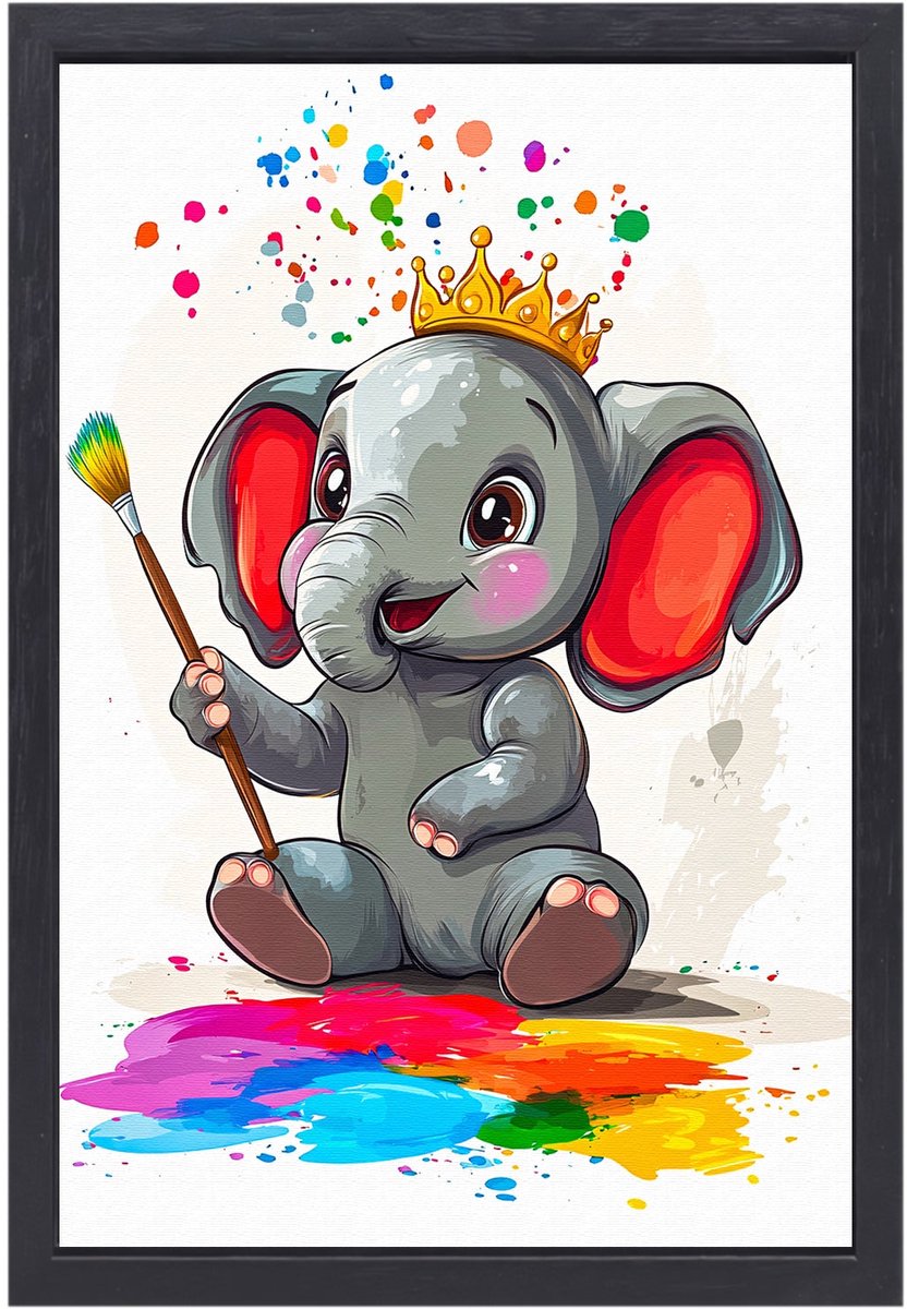Vrolijke baby olifant met verf - Olifant canvas schilderijen - Wandkunst verfkwast - Digital Art - Canvas muurdecoratie met lijst - Inrichting woonkamer - Canvas met baklijst 40x60 cm