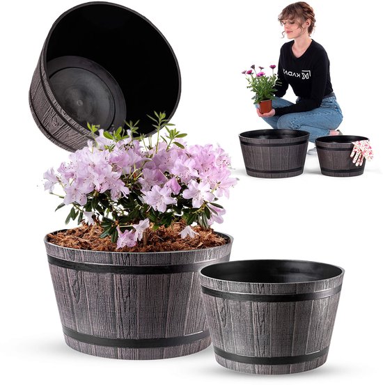 KADAX Bloempot, plastic bloemenbak, ronde plantenbak, voor binnen en buiten, plantenbak voor bloemen, huis, tuin, balkon, terras, weerbestendig (Set van 2) 30 cm, 40 cm diameter, donkergrijs