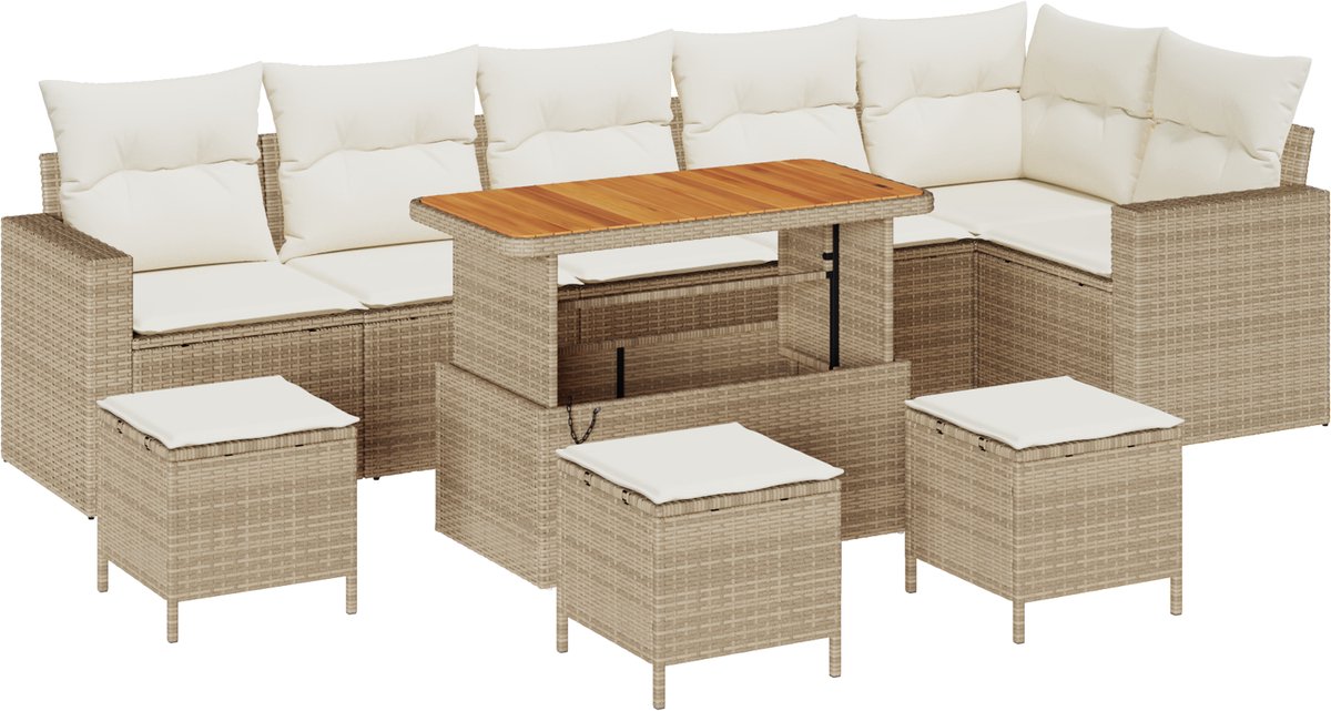 vidaXL - Tuinbank - Set - met - kussen - 12 - pcs - Beige - en - Crème - poly - rattan