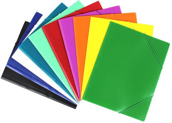 Ensemble de chemises élastiques colorées, incluant vert, jaune, orange, violet, rouge, cyan, bleu et noir, avec fermeture élastique.