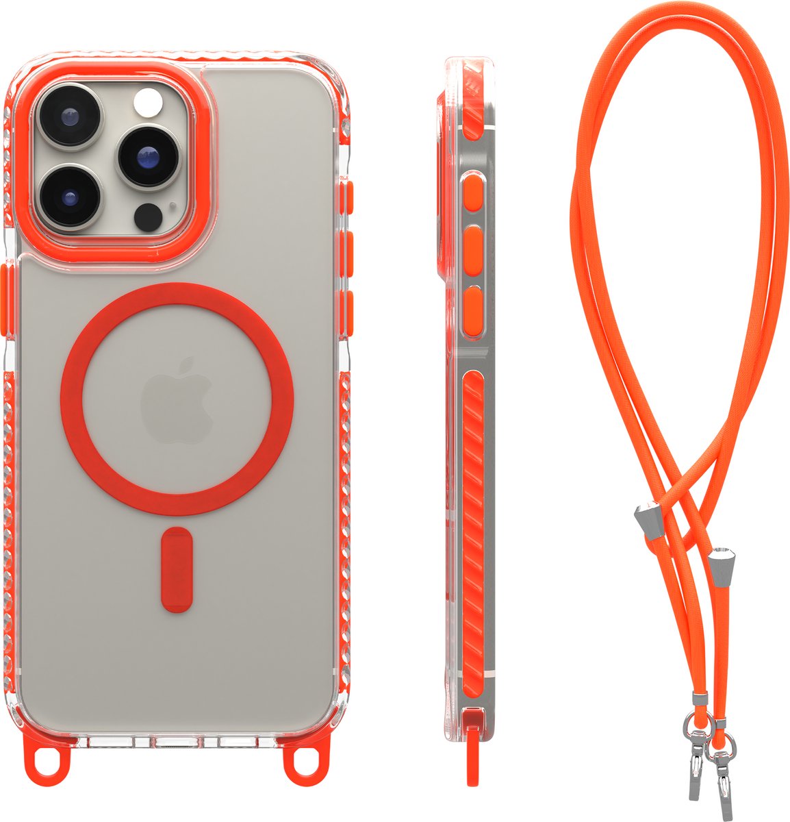 My Case Hoesje Geschikt voor iPhone 15 Pro Met Koord - Siliconen hoes met koord - Oranje - Transparant