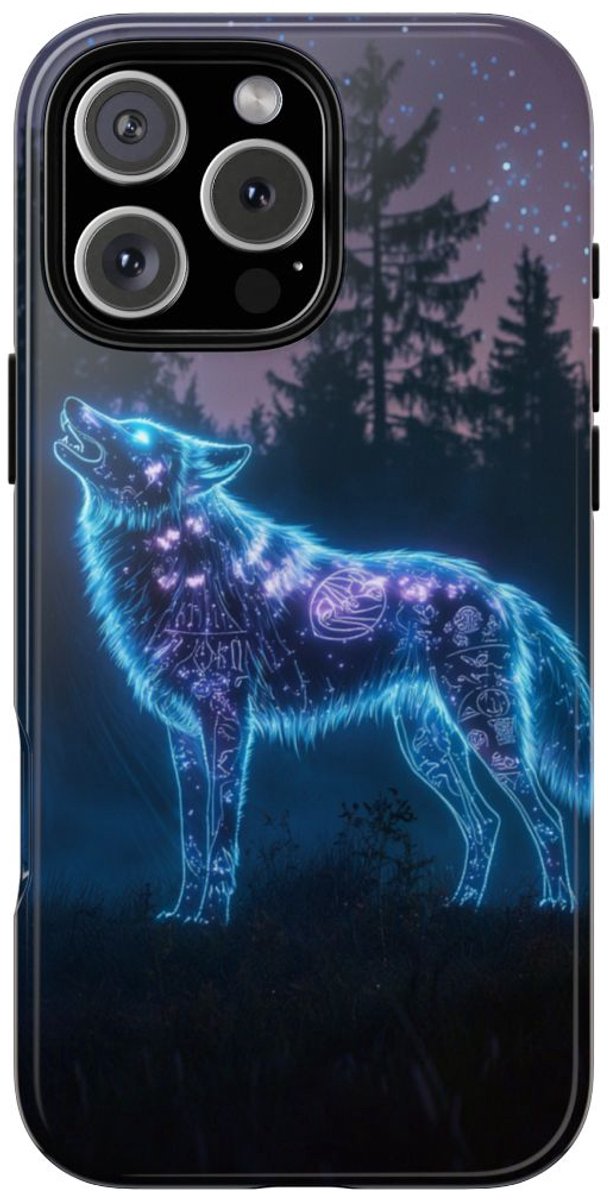 Gloeiende Wolf met Oeroude Symbolen – Telefoonhoesje Geschikt voor iPhone 16 Pro Max