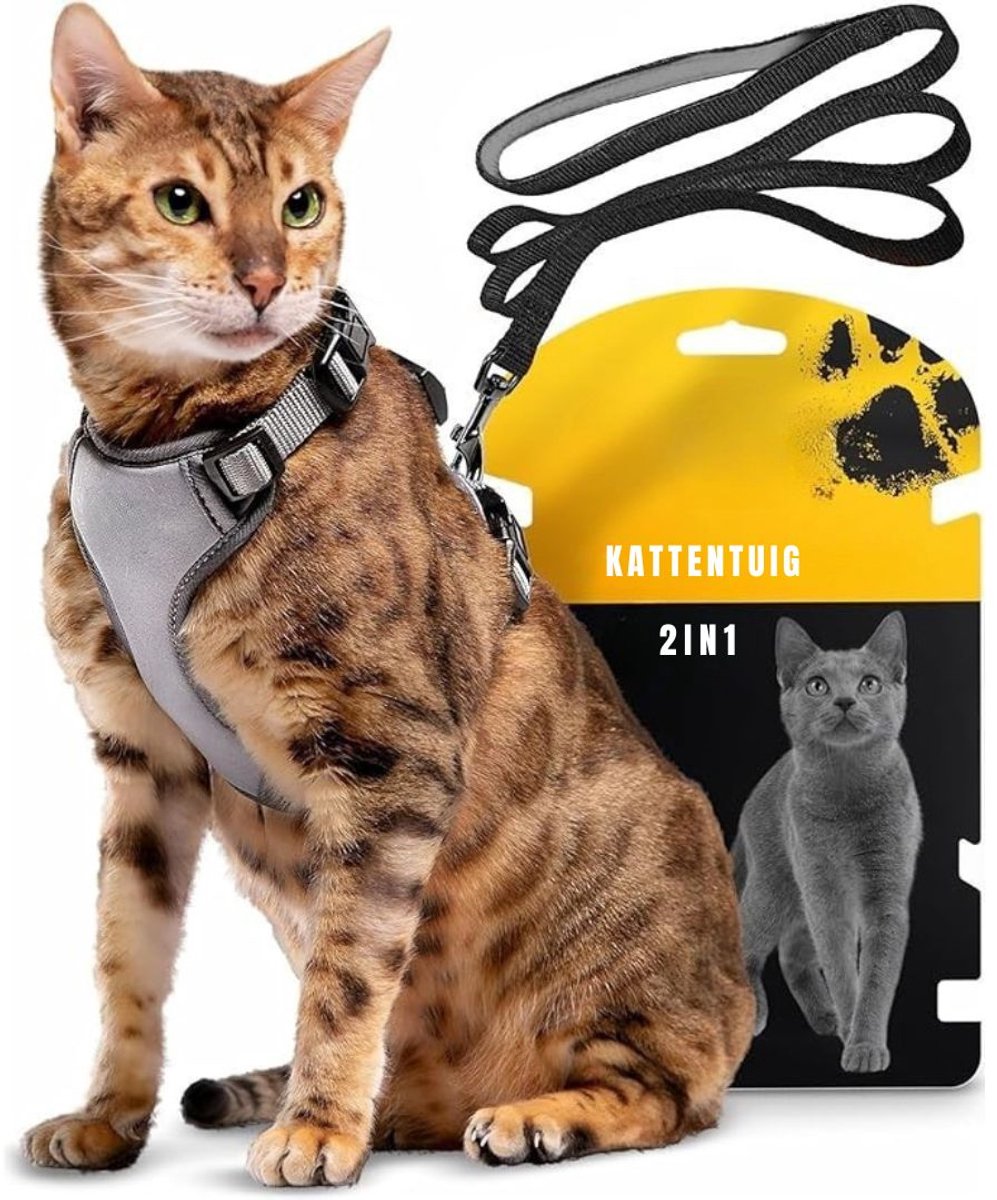 GTB® Kattentuigje met Looplijn - Kattentuigje - Kattenharnas - Grijs - 24cm x 17cm x 4cm