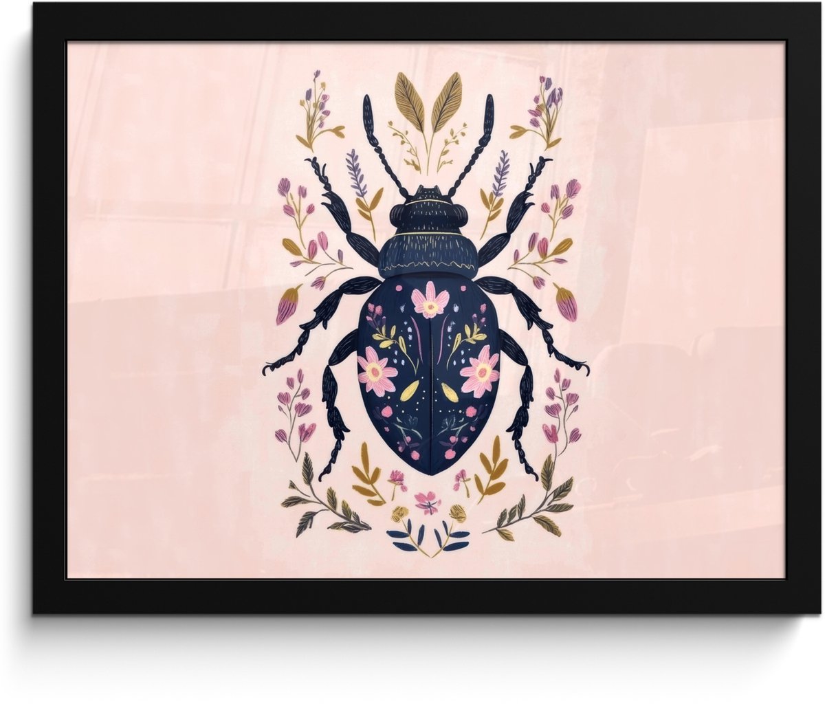 FrameYourWall Poster in lijst - Fotolijst 40x30 cm - Posters - Donkerblauw - Kever - Bloemtakken - Sierlijk - Posterlijst zwart - Decoratie - Wanddecoratie woonkamer - Muurdecoratie slaapkamer Kever - Bloemen