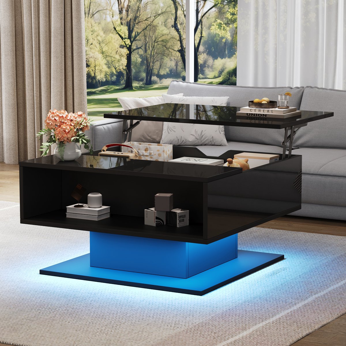 SINGULARITY Kafietafel - 80 x 77 x 40 cm - Hydraulisch verstelbaar - Hoogglans - Zwart