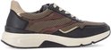 Zwarte sneaker met beige veters, gouden en bruine accenten, en beige zool.