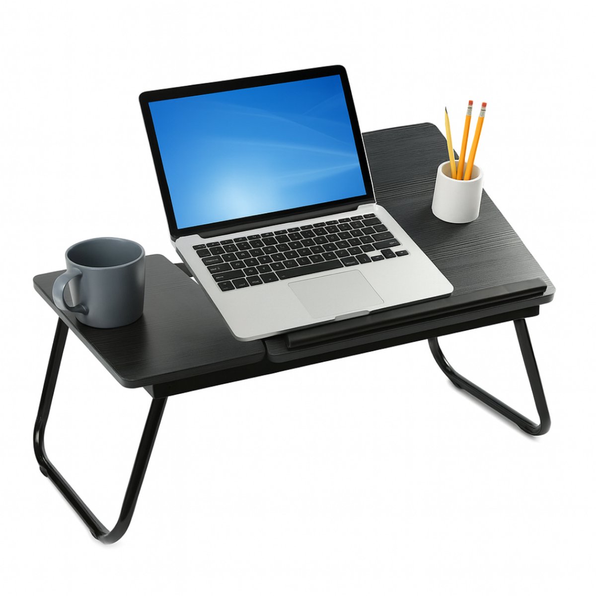 Lomera Verstelbare Bedtafel – Laptoptafel Zwart – Ontbijt Op Bed – Opklapbaar Onderstel – Anti-Slip Rubber – Verstelbaar In Hoogte – Laptop Standaard – Inklapbare Tafel – Bedtafel Met Bekerhouder – MDF Tafelblad – Metalen Frame – Zwart Tafelblad nvt