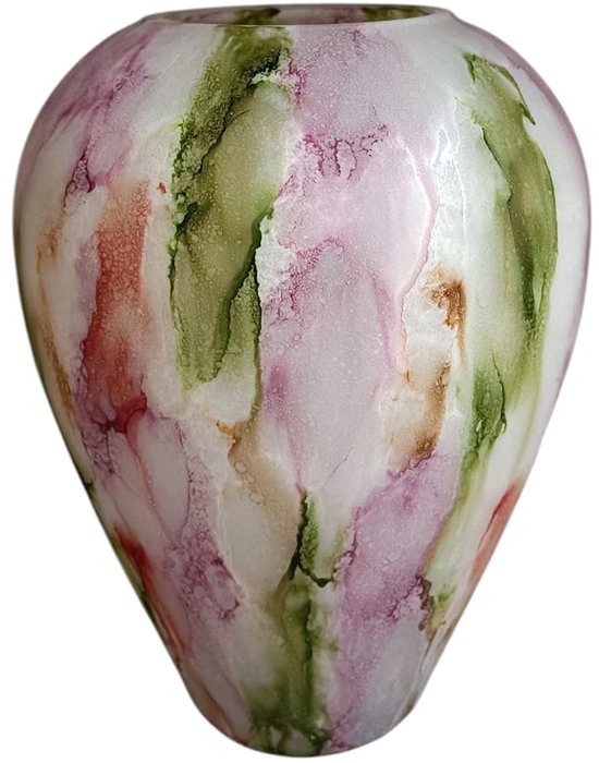 Terroso® - Aurora - Glazen Bloemenvaas – Roze Groen Marmerlook – 27 cm hoog – Uniek Design – Decoratief en Modern Interieur