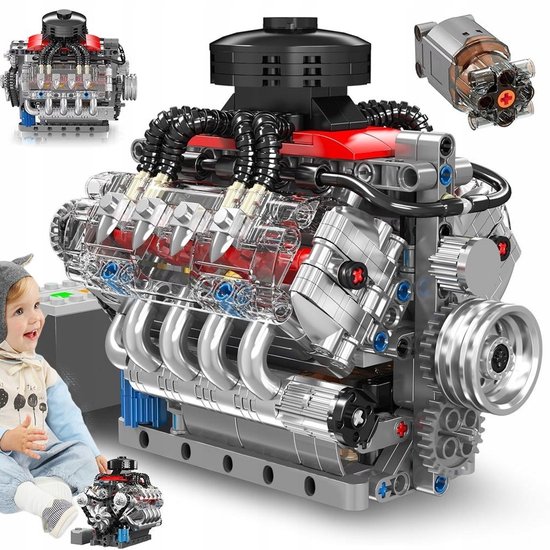 V8-motorbouwblokkenset - Motormodel - Met transparante cilinderkop, turbocompressor en zuigerbeweging - Oefent logisch denken en ruimtelijke verbeelding - Geschikt voor liefhebbers van automotoren