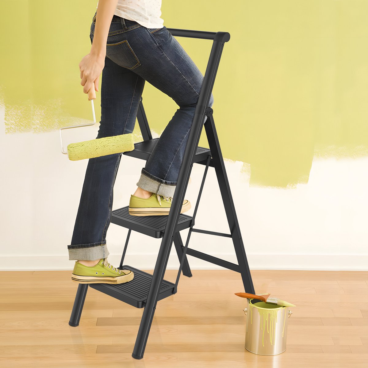 Opvouwbare trapladder, trapkruk, opvouwbare trap met breed antislip pedaal en leuning, multifunctionele huishoudtrap, trapladder tot 150 kg, zwart voor huishouden, keuken - 3 treden – foto 8