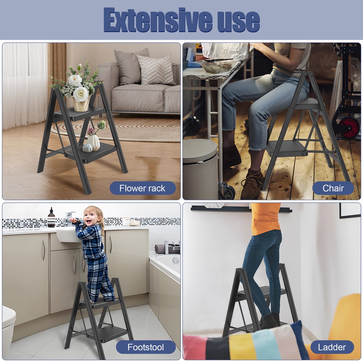 Opvouwbare trapladder, trapkruk, opvouwbare trap met brede antislip pedaal, multifunctionele huishoudtrap, trap tot 150 kg, zwart voor thuis, keuken, kantoor, buiten - 2 treden – foto 5