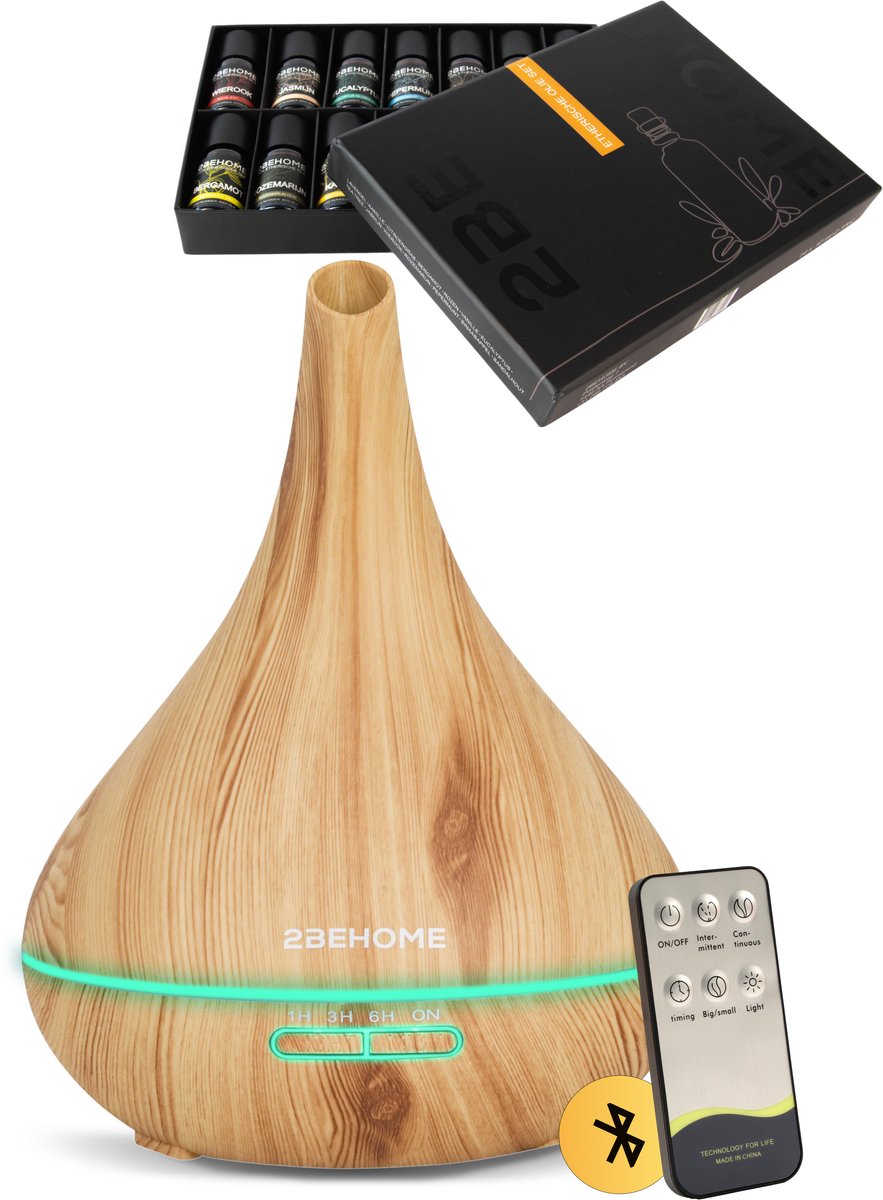 2BEHOME Aroma Diffuser Set met 16 Etherische Oliën & Afstandsbediening - 550ML - Aroma Diffuser Luchtbevochtiger - Etherische olie diffuser - Essential Oil Aromadiffusers - Geurverspreider voor Aromatherapie - Lichte Houtlook