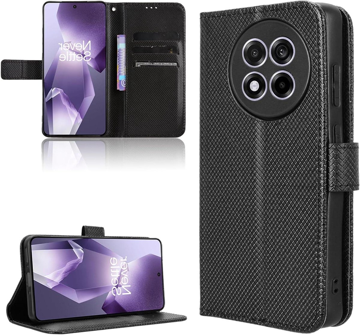 Beschermhoesje geschikt voor OnePlus 13R - Magnetische Portemonnee Flipcase - Koolstofvezel Zwart - Luxe Bescherming