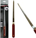 Niceday briefopener in verpakking en een losse briefopener. Metalen lemmet met roodbruin houten handvat.