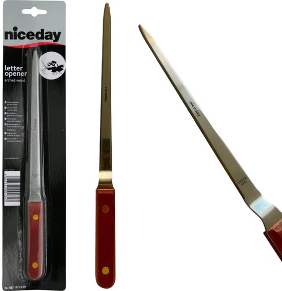 Niceday briefopener in verpakking en een losse briefopener. Metalen lemmet met roodbruin houten handvat.
