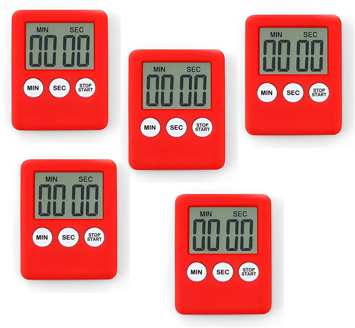 Set van 5 digitale timers, kookwekkers, alarmklokken rood