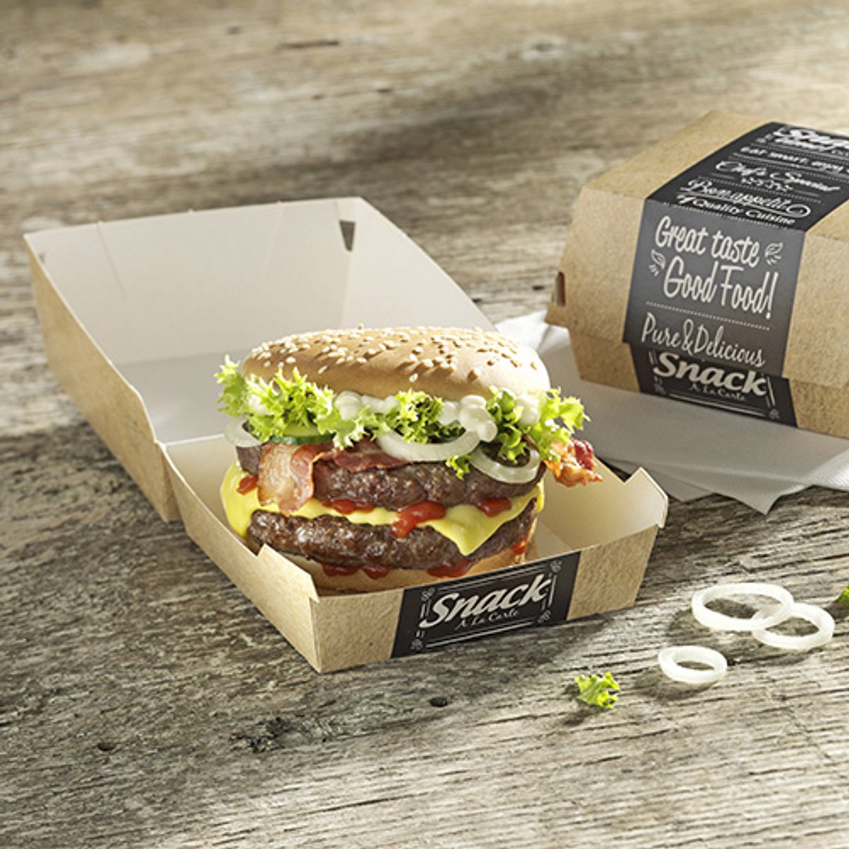 Image of 50 Hamburgerbox, karton van verse houtvezels pure 7,8 cm x 11,5 cm x 11 cm Good Food groot