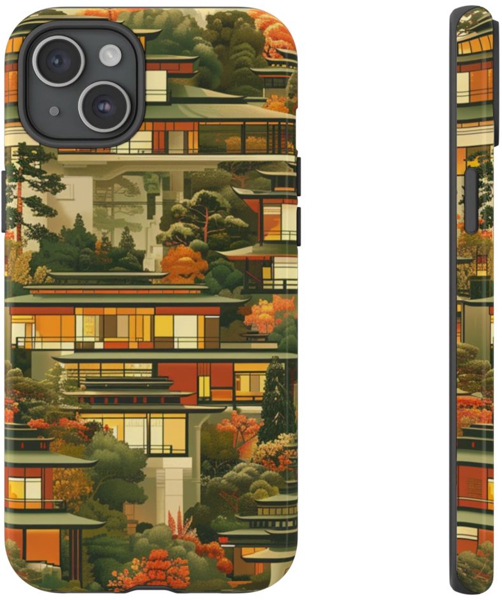 Herfstlandschap met Moderne Architectuur – Telefoonhoesje Geschikt voor iPhone 15 Plus