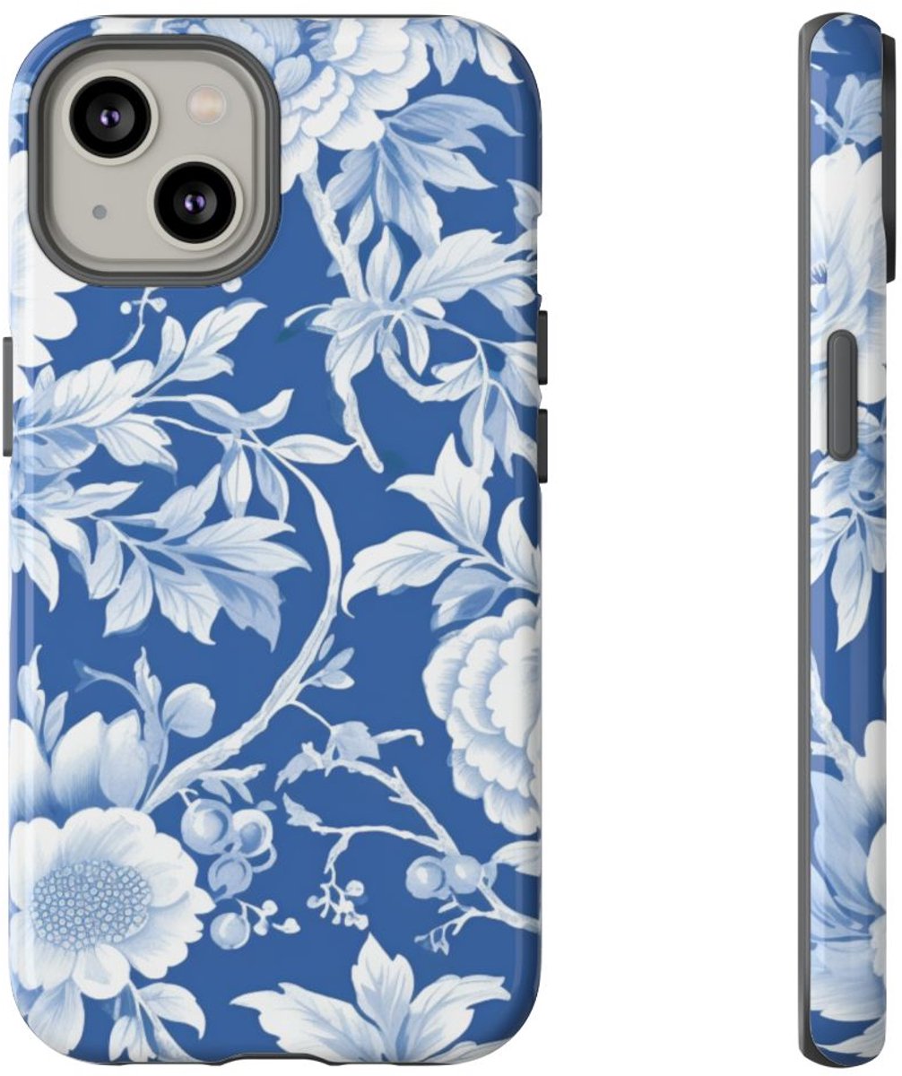 Blauw-Wit Bloemenpatroon – Telefoonhoesje Geschikt voor iPhone 14
