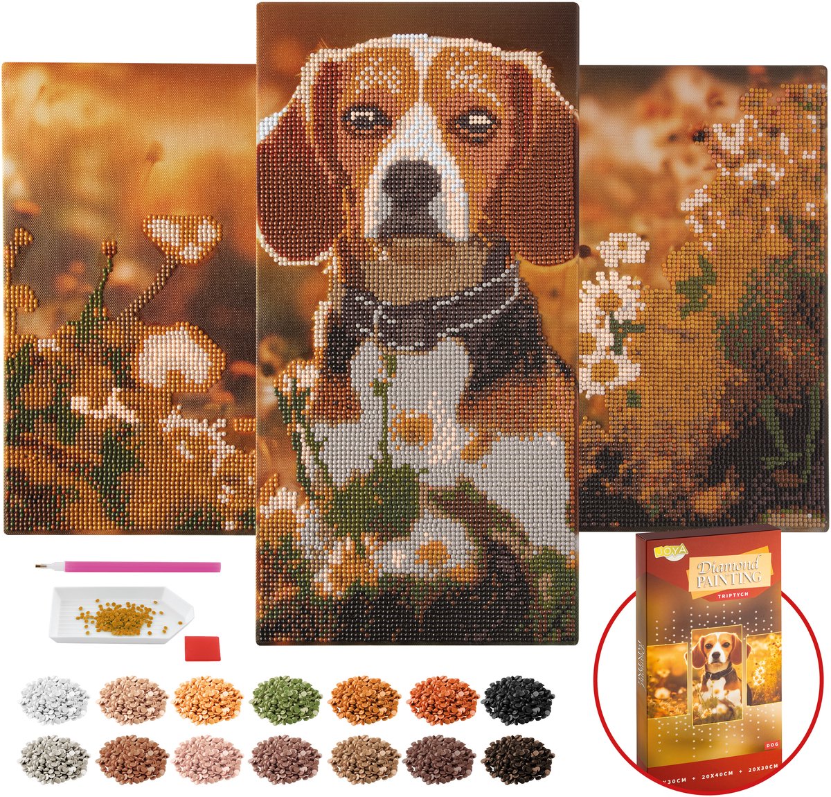 Diamond Painting Volwassenen Hond Drieluik Schilderij DIY - Diamond Painting Pakket - Ronde Steentjes - Inclusief Diamond Painting Pen - Voor Volwassenen en Kinderen - Afmeting 40x20cm en 30x20cm - Joya Creative