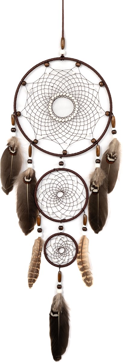 KIMU® Dromenvanger Donkerbruin - Dreamcatcher Veren Bruin - Bohemian Ibiza Kinderen Boho Babykamer Buiten Kado Meisjeskamer Veertjes Festival
