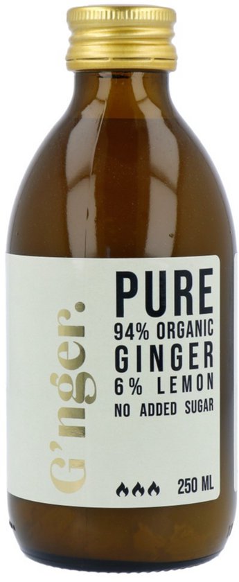 Bruine fles G'nger biologisch gembersap, 94% gember, 6% citroen, zonder toegevoegde suiker, 250 ml.