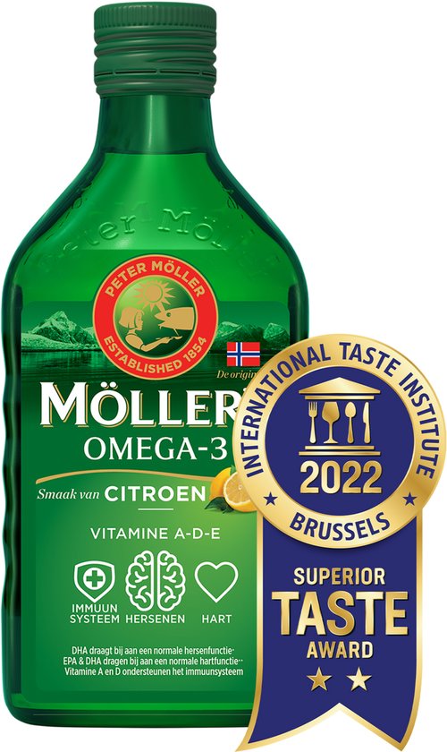 Groene fles Möller's Omega-3 citroensmaak met vitamine A-D-E. Naast de fles een gouden strik 'Superior Taste Award Brussels 2022'.