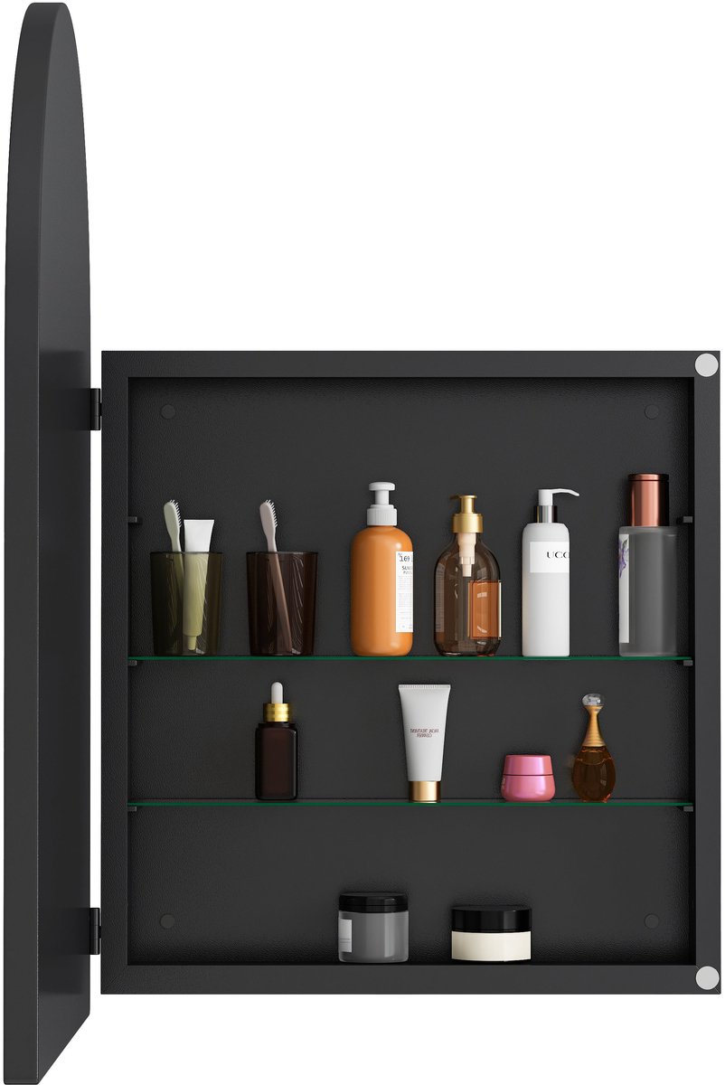 Merax Zwarte Spiegelkast met Boog – Inbouw of Wandmontage – Metalen Badkamerkast met Spiegel en Opbergruimte – 91 x 61 cm