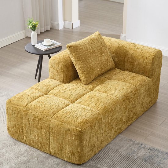PugsdrlyComfortabele chaise longue, geen montage nodig, zachte bank met kussen, zijvakken voor afstandsbediening en mobiele telefoon, verzorgd en elegant, geel