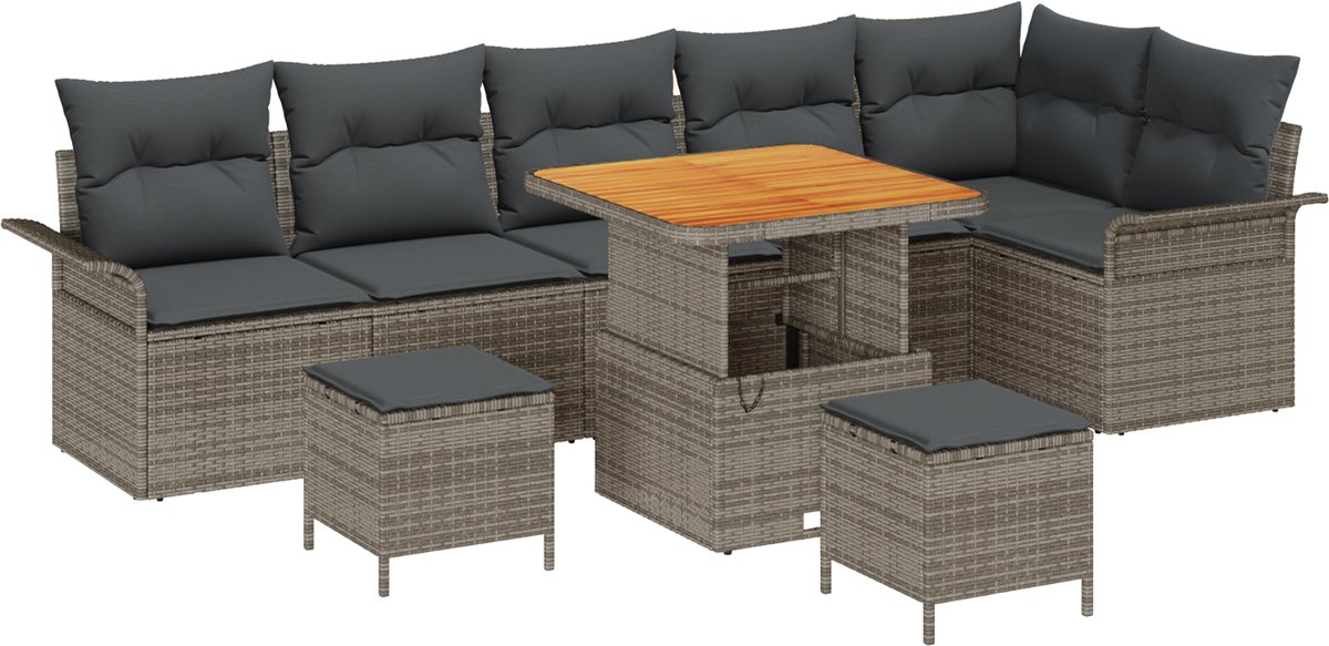 vidaXL - Tuinbank - Set - met - kussen - 9 - pcs - Grijs - poly - rattan